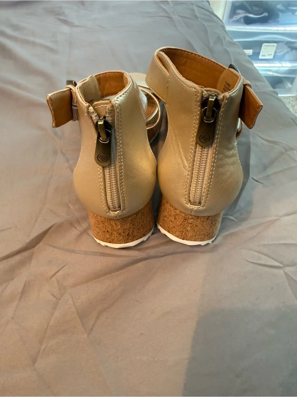 Adrienne Vittadini Metallic Gold Wedge Sandals with Ankle Buckle